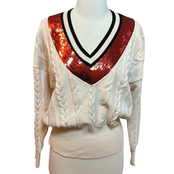 Vintage 80s Escada Wool Cable Knit Sweater with Red Sequin V Neck size 38 or M/L - Picture 14 of 16